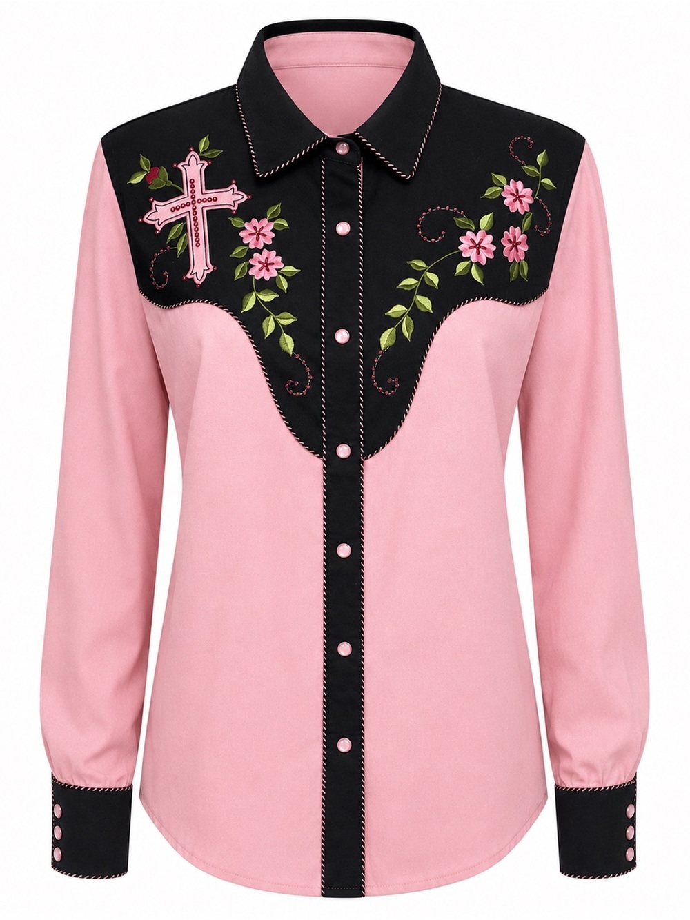 Vintage Western Rhinestone Cross Embroidered Snap Shirt XL Pink Black